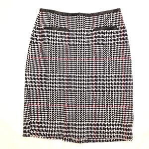 TALBOTS Black White Red Houndstooth Faux Leather Trim Knit Pencil Skirt Size 2